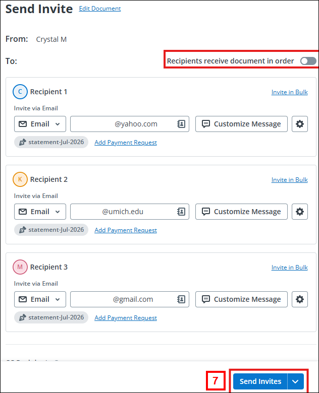 Recipients receive document in order toggled off